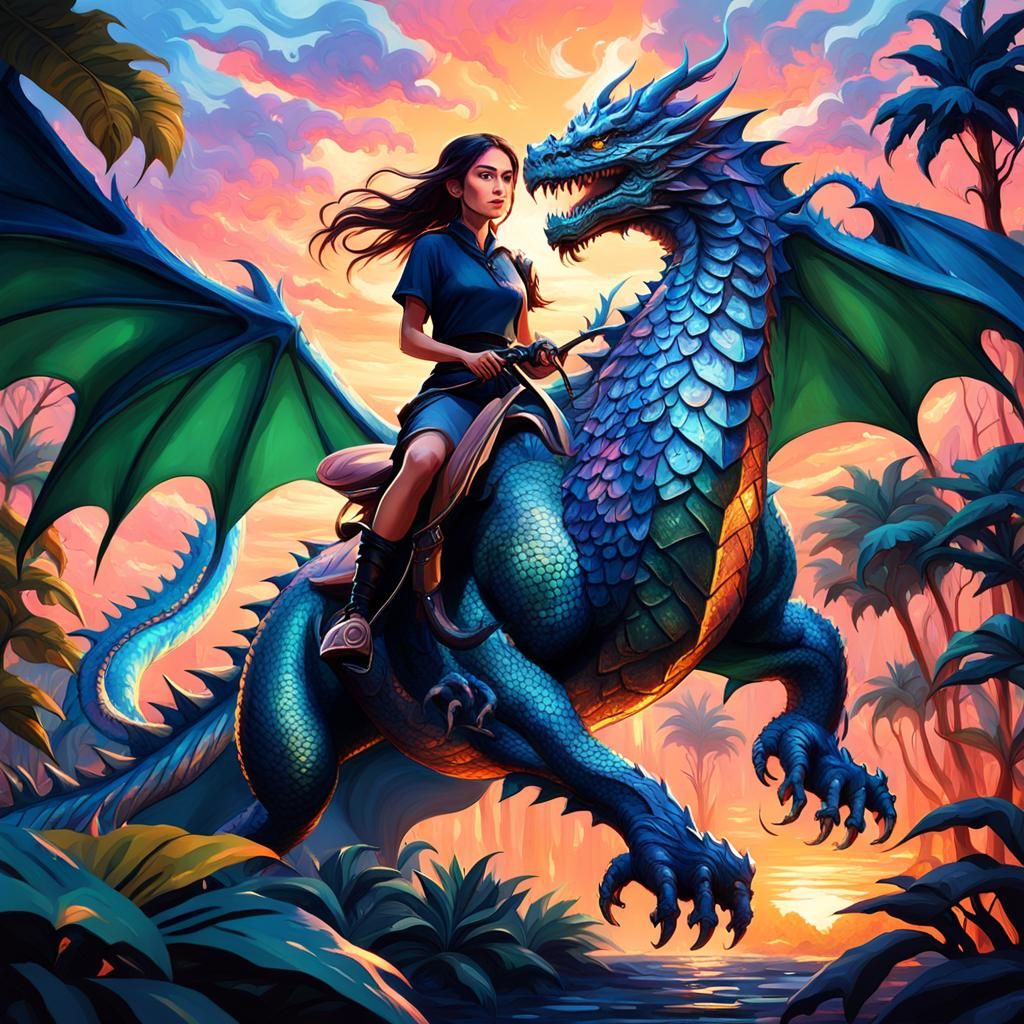 Girl Riding Blue Dragon at Sunset: Oil Painting