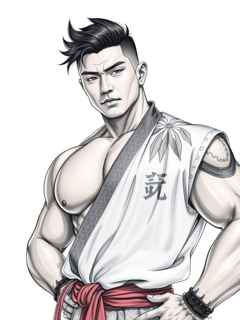 Elegant Asian Man in Traditional Dress, Hyperdetailed Art