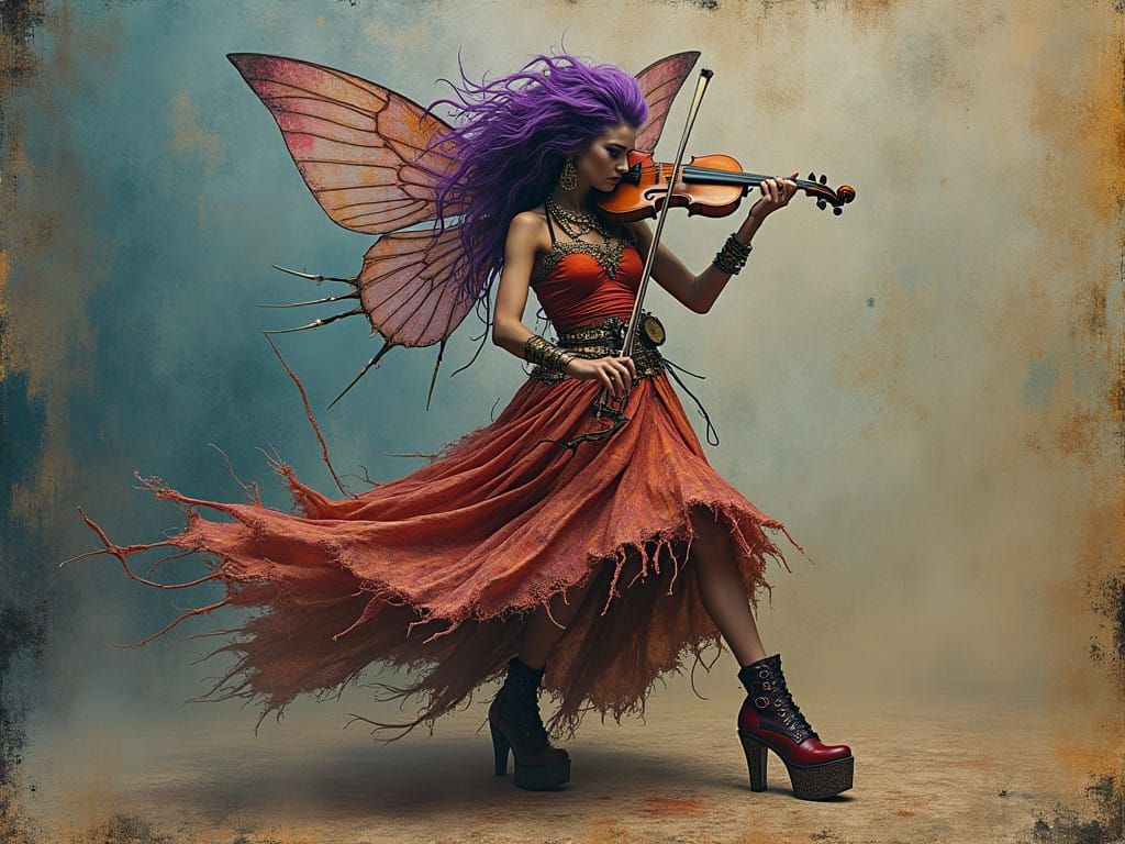 Grungy Dreamcore Diva Gypsy Shaman in Midst of Wild Violin D...