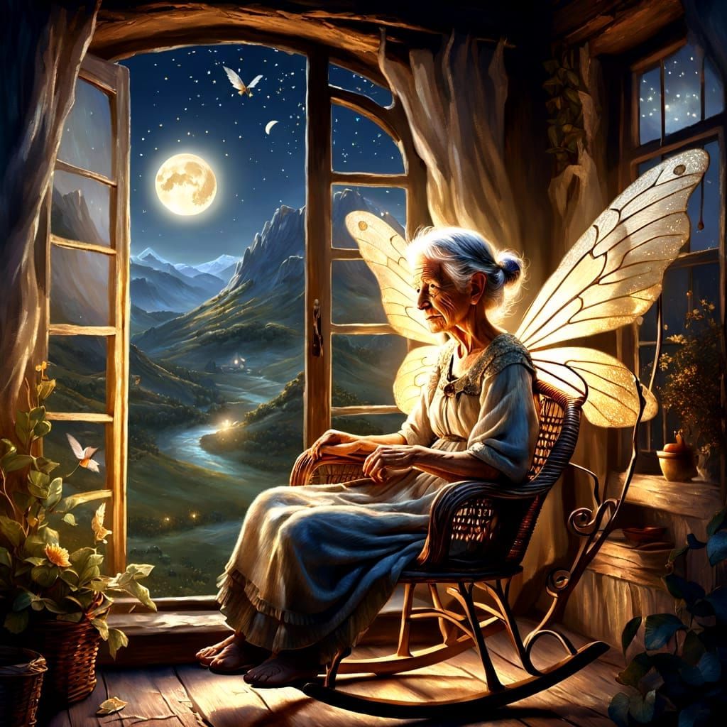Old Fairy Gazing into Moonlit Valley