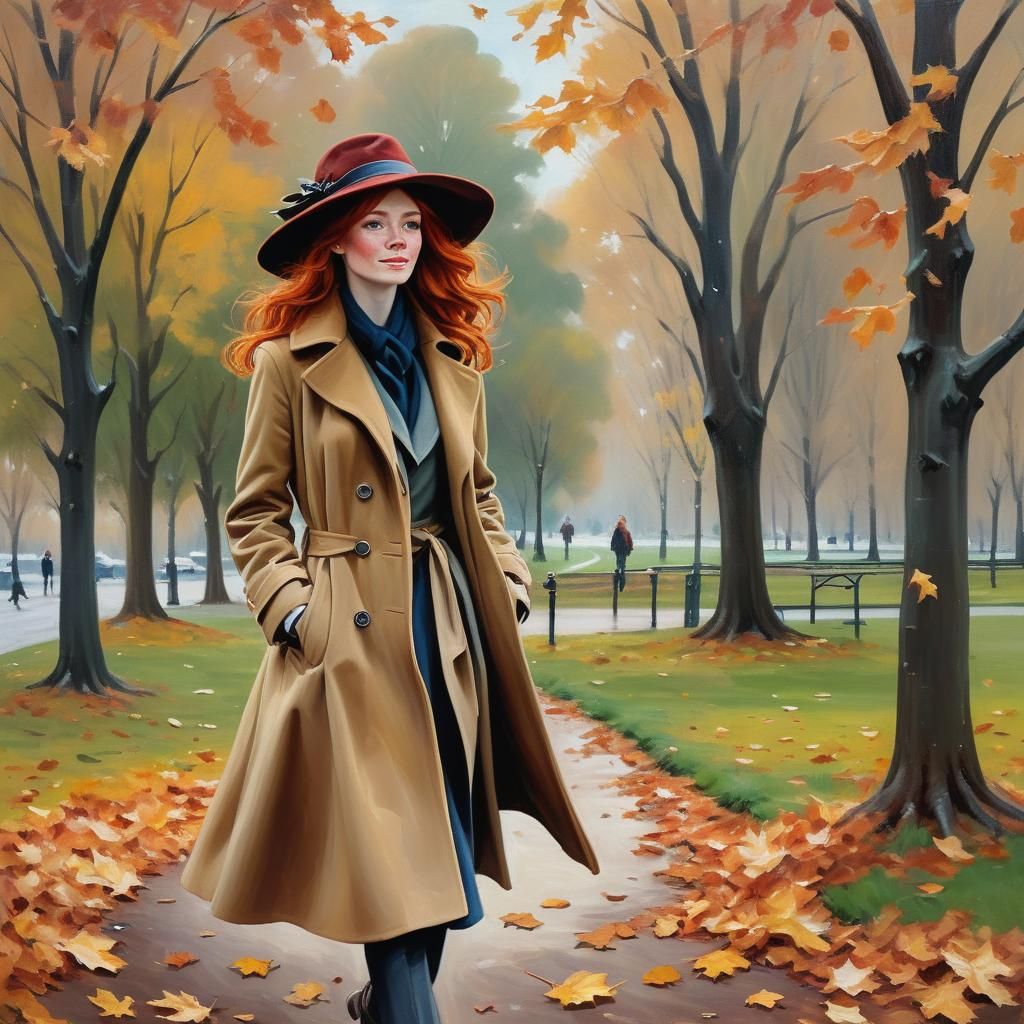 Autumn Landscape with Redheaded Woman Walking in Windy Park