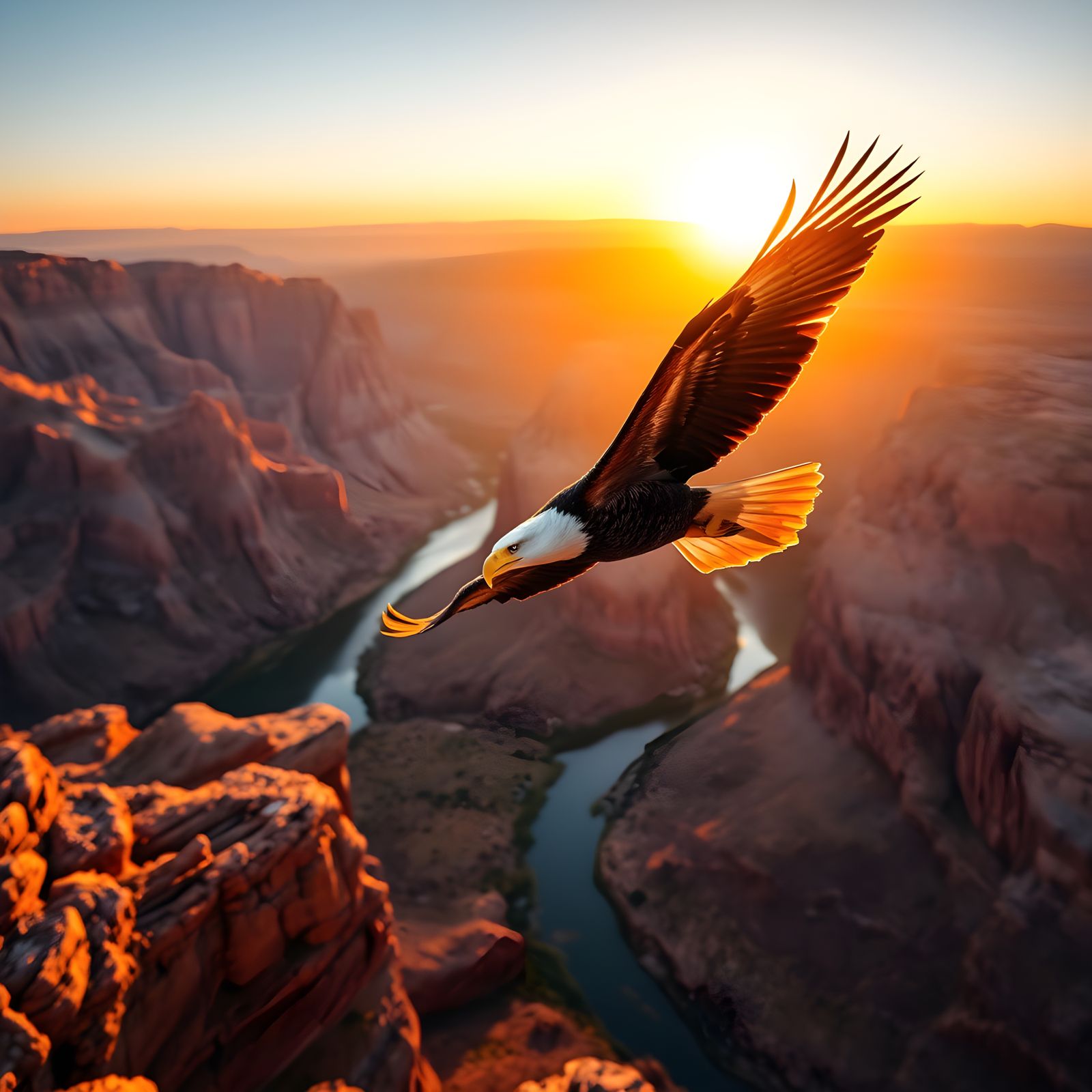 Eagle Soaring Above Canyon at Sunset