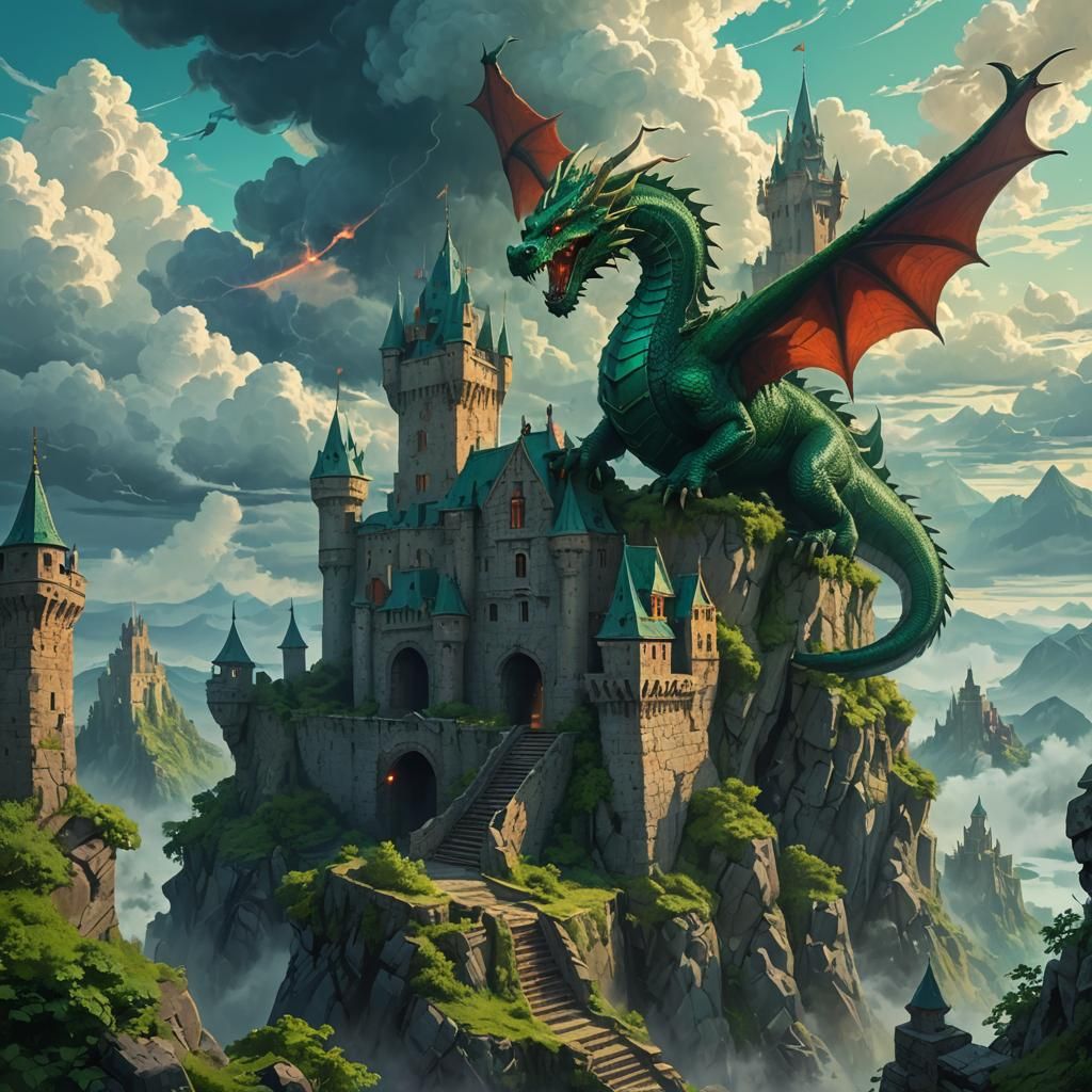 Dragon Descends on Mystical Castle, Fantasy Art