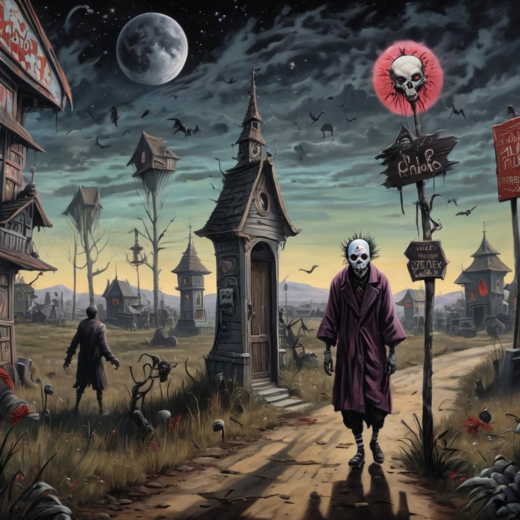 Unsettling Monk and Clown Scene as Comic Illustration