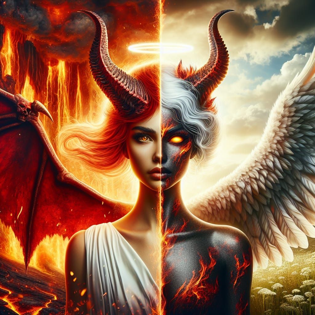 Dramatic Contrast Between Fiery Demon and Shining Angel in S...