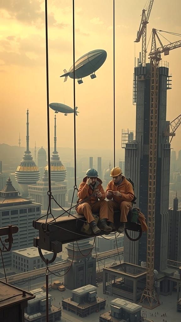 Professional wide shot photograph from a distance of 2 dingy, tired construction workers eating lunch on a long steel i-...