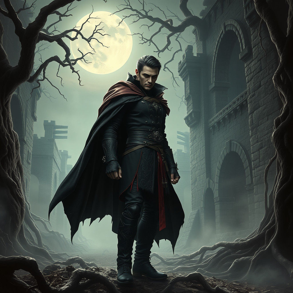 Medieval Vampire in Castle Ruins Digital Painting