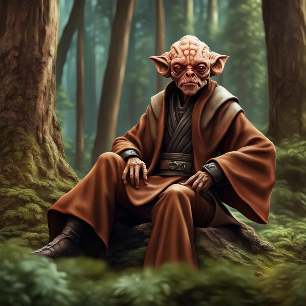 Plo Koon Relaxing in Forest: Hyperrealistic Star Wars Art