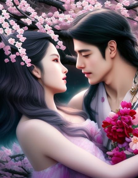 Romantic Cherry Blossom Meeting, Aquarelle Style