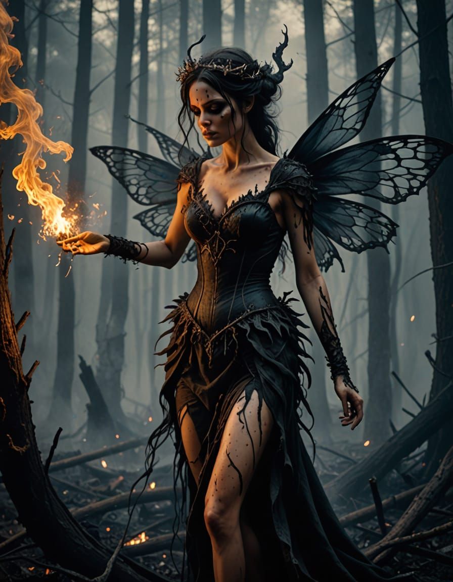 Ash Fairy Dances Through Charred Forest: Gothic Fantasy