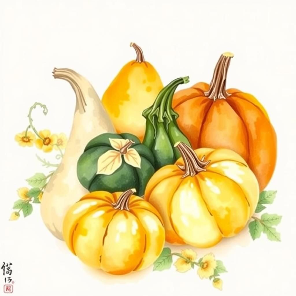 Vibrant Gourds in Watercolor Still Life
