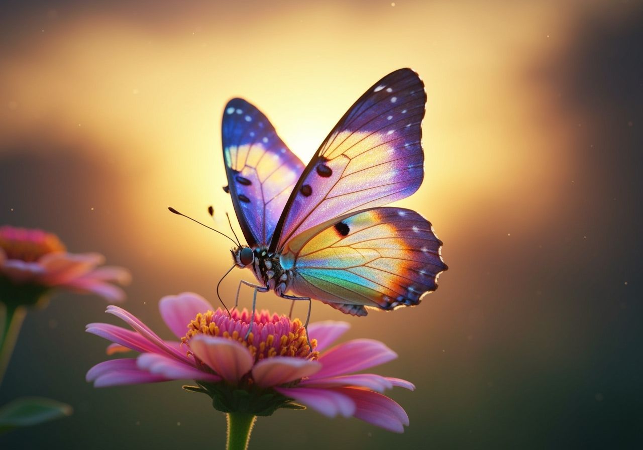 Iridescent Butterfly on Flower in Golden Light