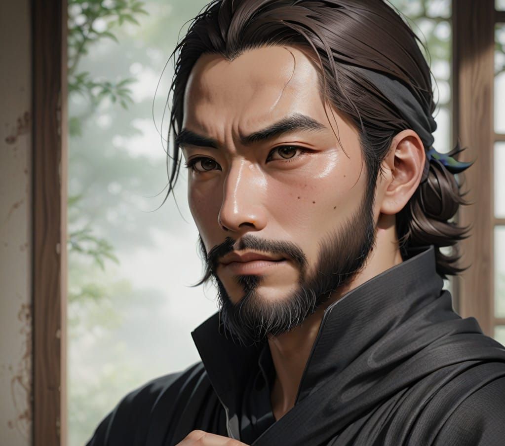 Anime Male Portrayed with Soft Smile and Unique Eye Placemen...