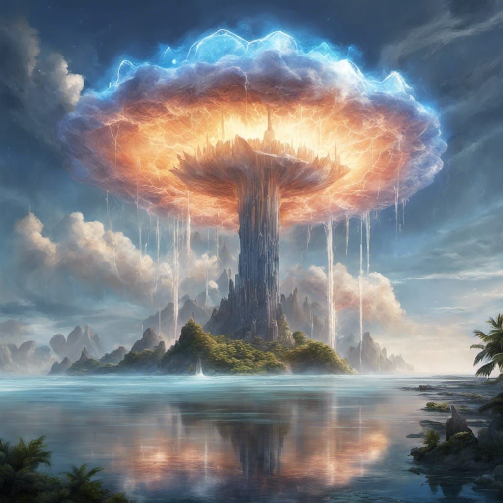 Crystal Island Floating in Sky, Detailed Matte Painting