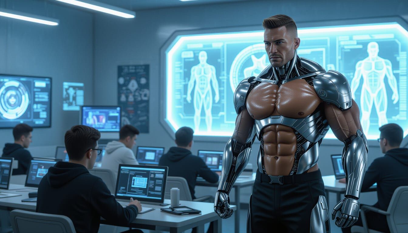 Cyborg Bodybuilder Teacher in Futuristic Classroom, Cyberpun...