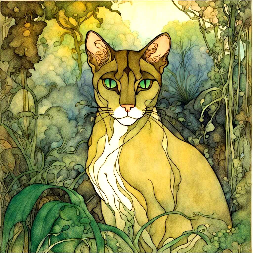 Beautiful cat,    jungle background, by chris ofili and (arthur rackham:1.5)