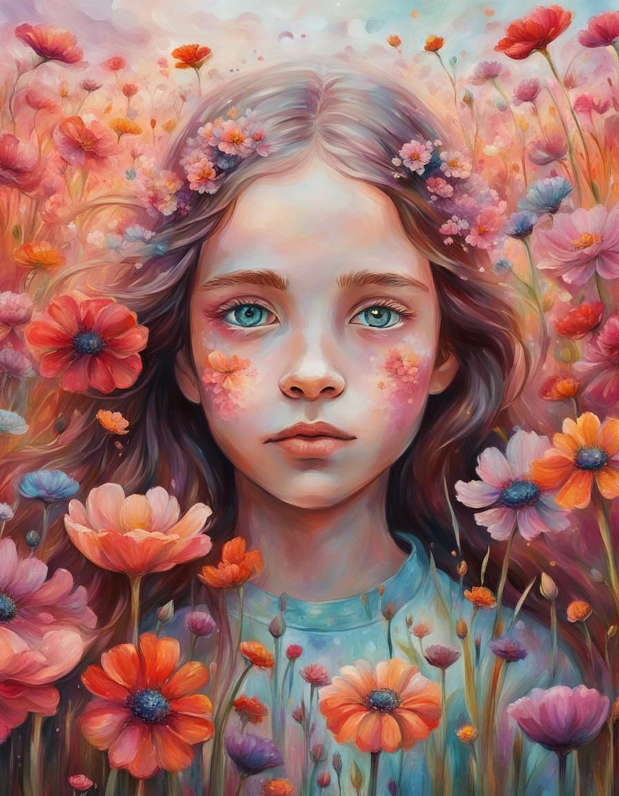 Ethereal Portrait of Girl in Flower Field