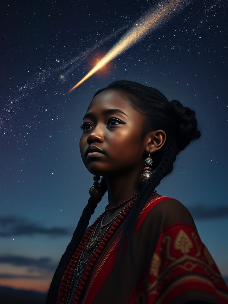 Dreamtime Girl with Comet in Starry Sky