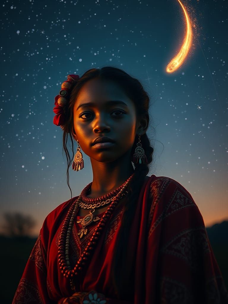 Dreamtime Girl with Comet in Starry Sky