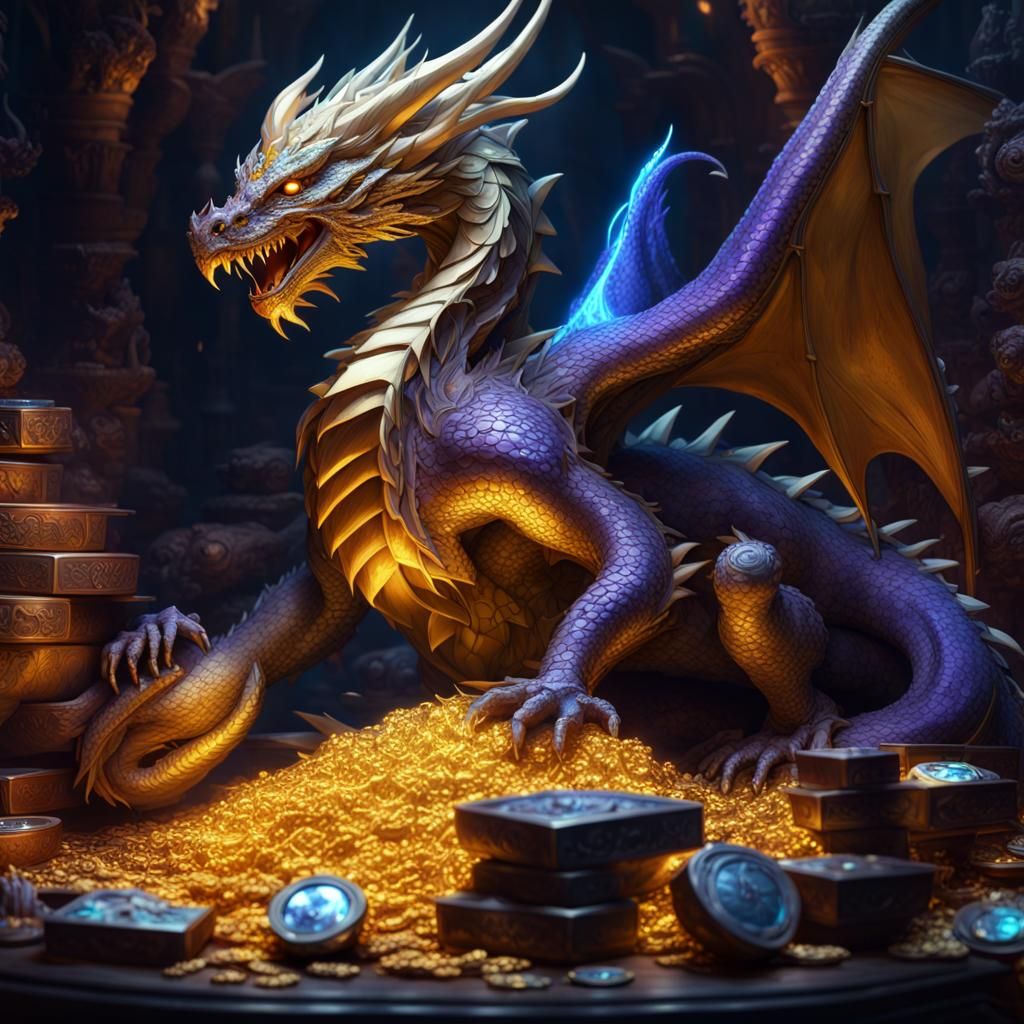 Gold Dragon Guarding Treasure: Dark Fantasy Art