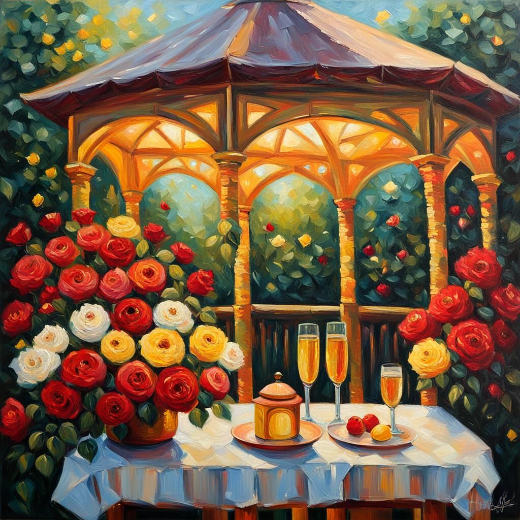 Gazebo of Roses: Neo-Impressionist Impasto Painting