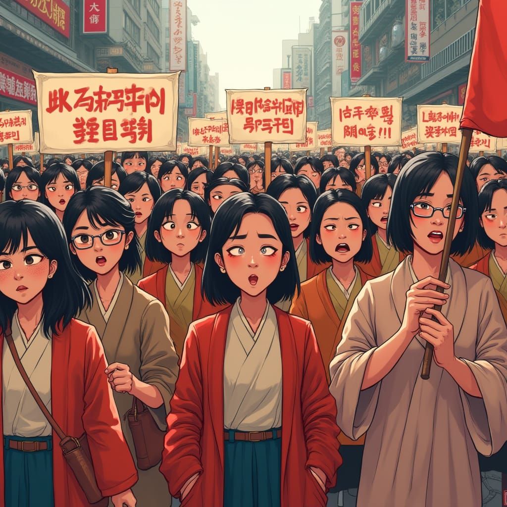 Determined Chinese Women's Protest: Digital Painting and Ink...
