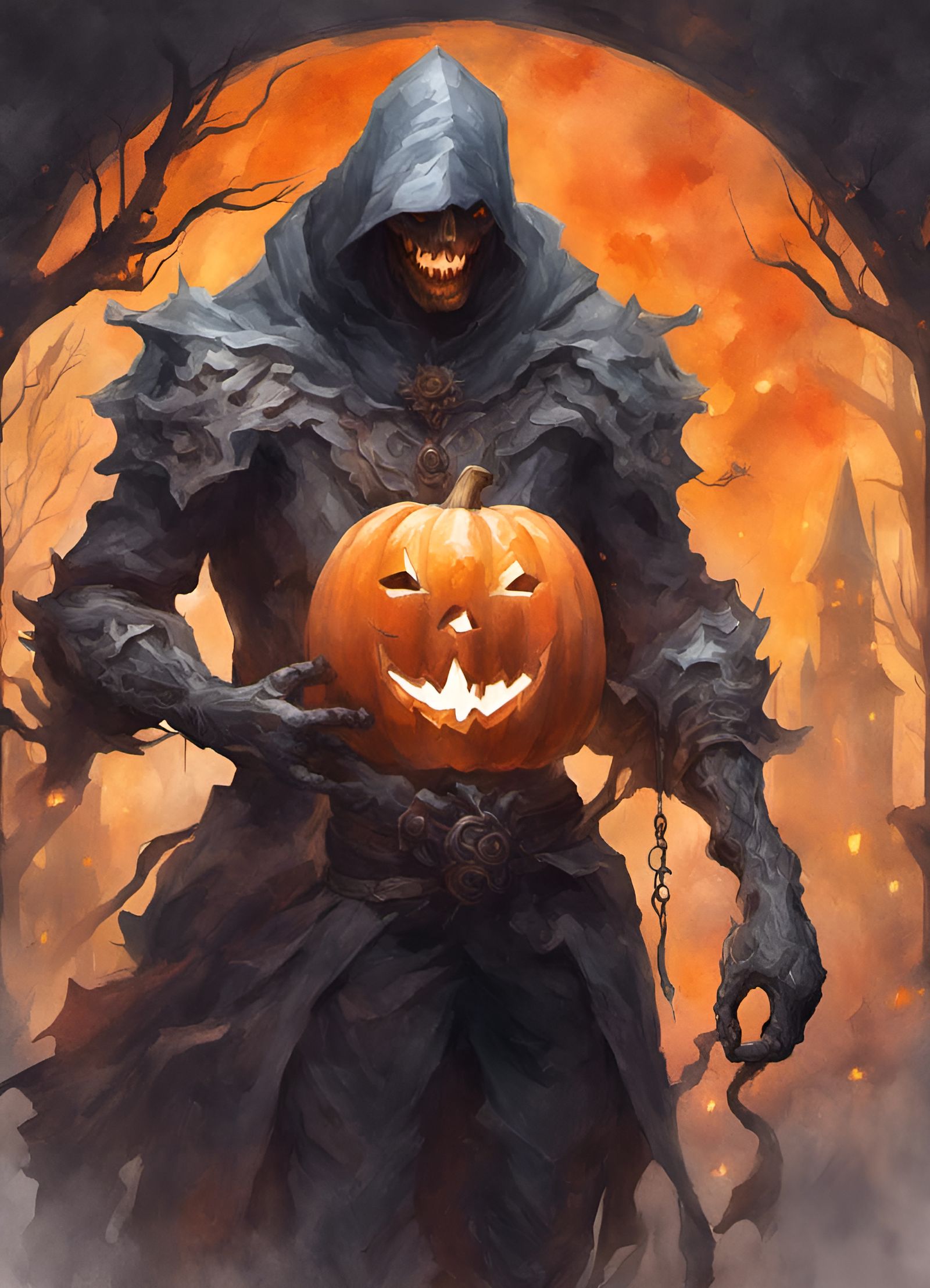 Headless Horseman with Jack-o'-Lantern Watercolor
