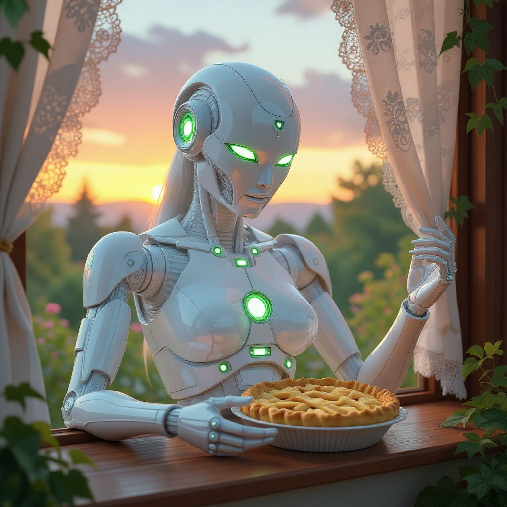 Hyperrealistic Robot Baking Pie in Futuristic Style