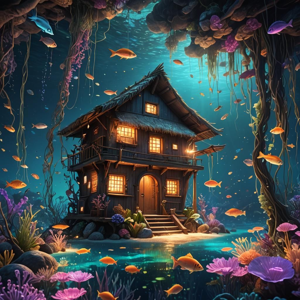 Bioluminescent Ocean Hut in Hyper-Realistic Digital Art