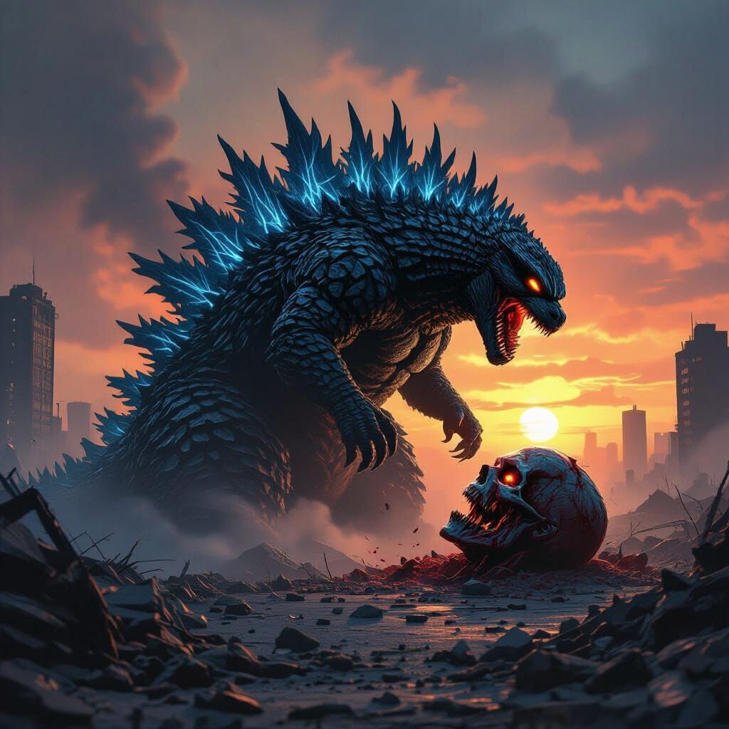 Godzilla Devours Zombie Head in Ruined Cityscape