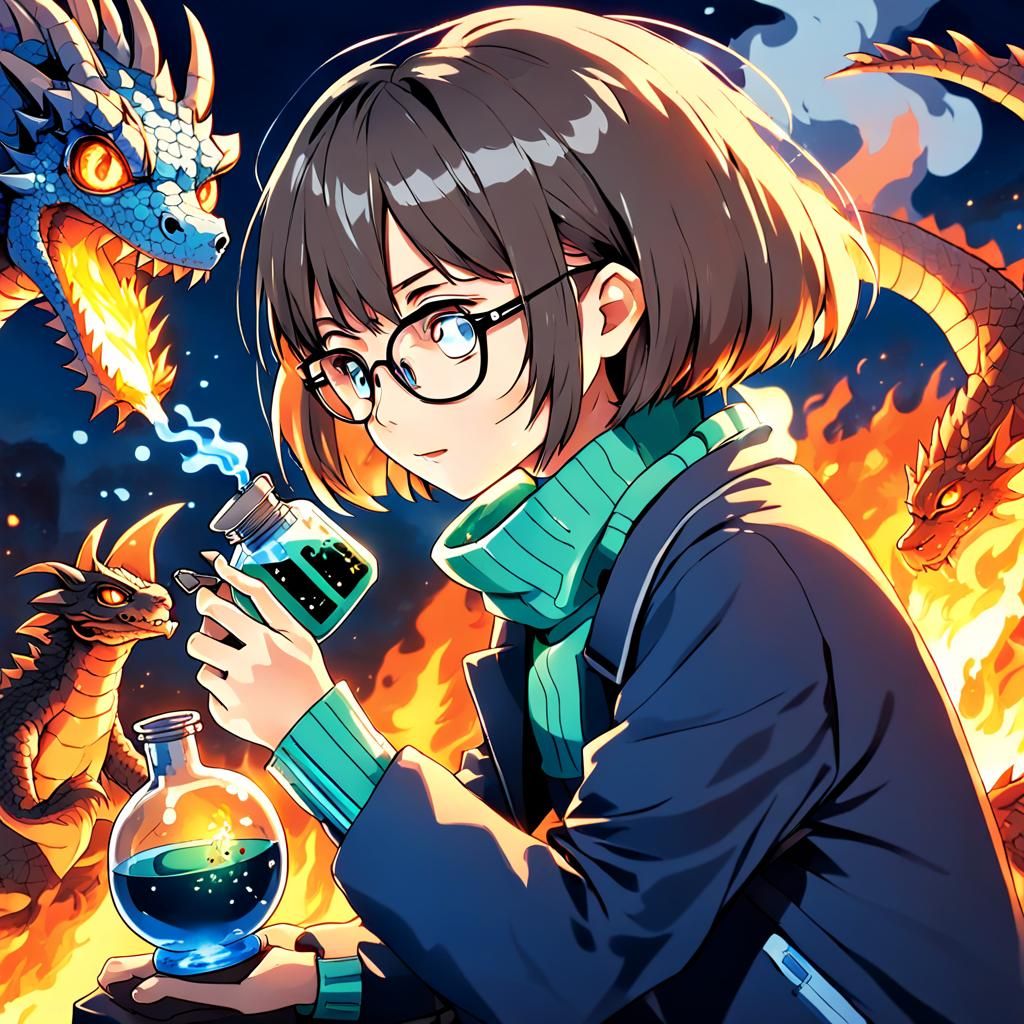 Scientist and Dragon Flask in Anime Style