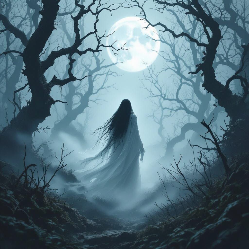 Ethereal Ghost in Moonlit Gnarled Forest