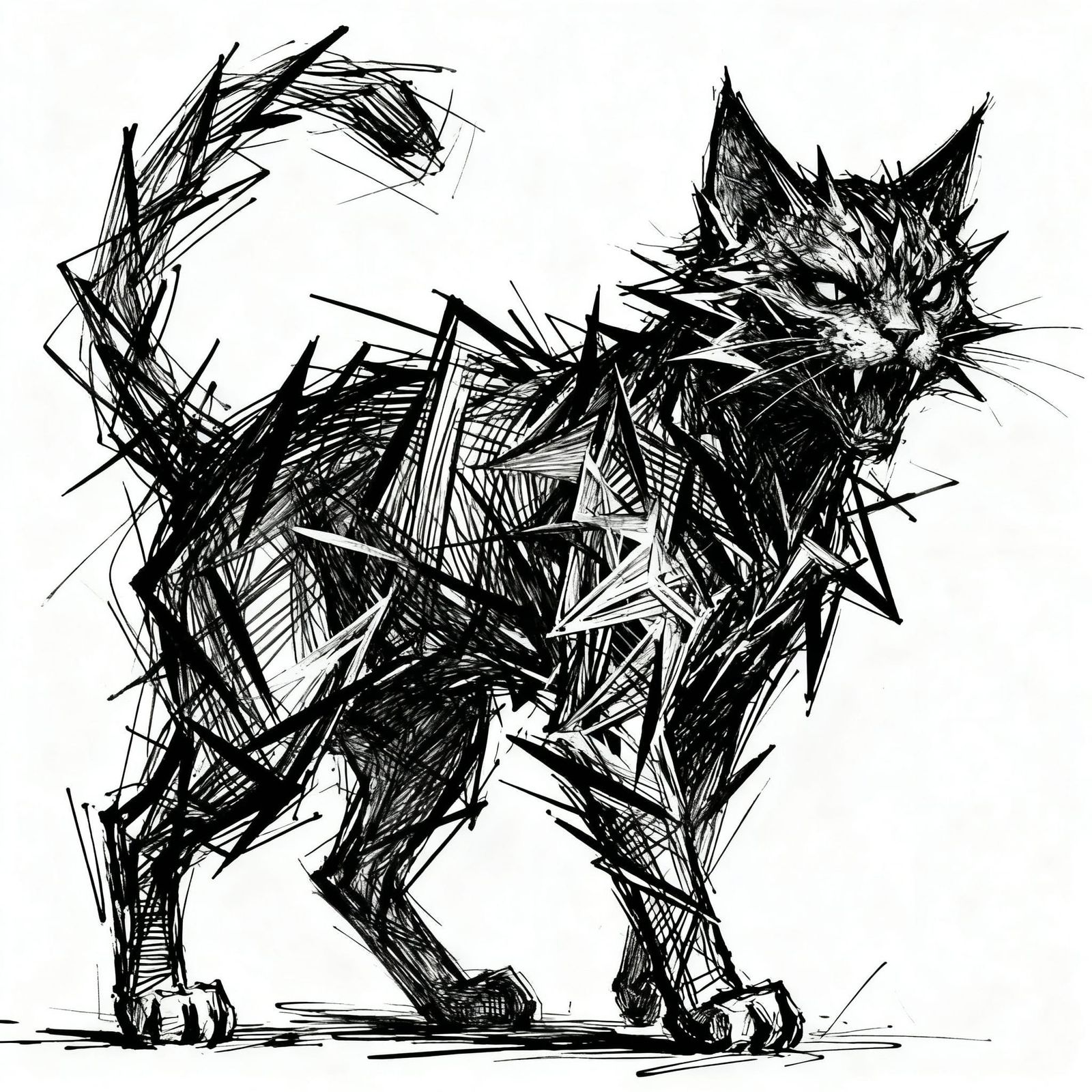Erratic Ink Lines Form Chaotic Demon Cat Abstract Art