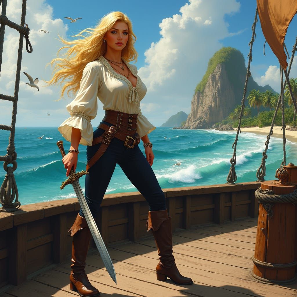 Sensual Pirate Maiden on Weathered Deck