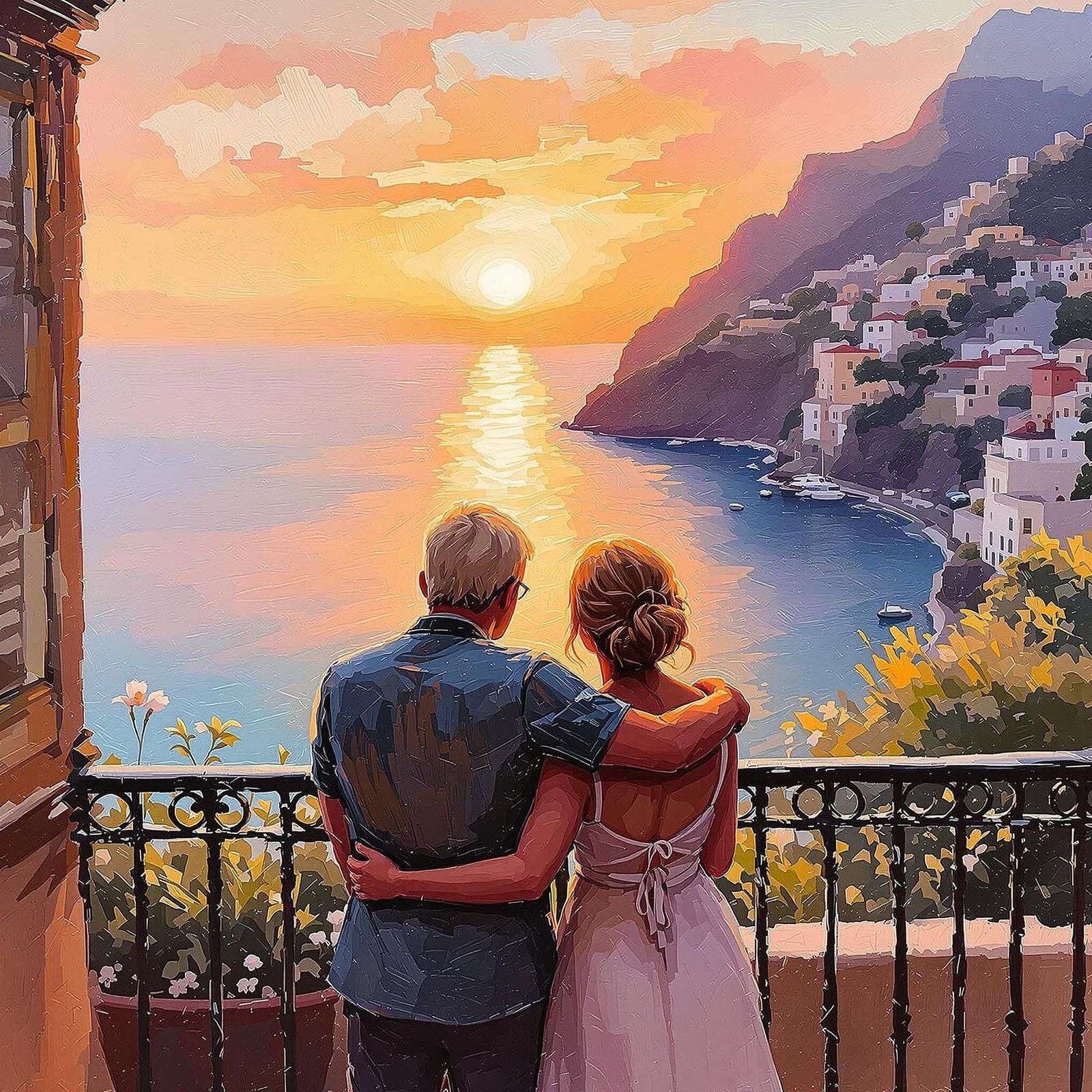 Couple Enjoys Sunset Moment on Amalfi Coast Balcony in Impre...