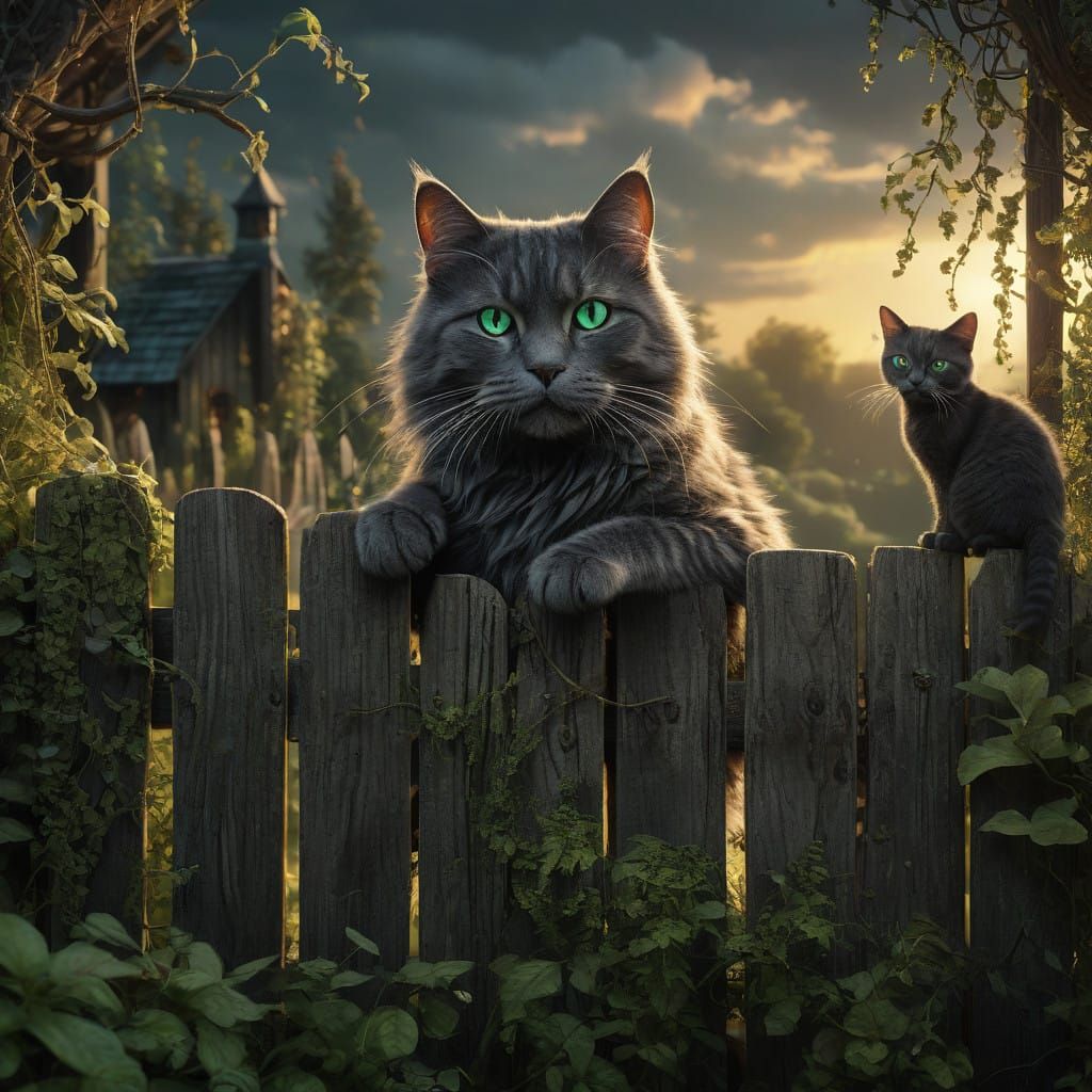Majestic Gray Cat on Rustic Fence in Whimsical Sunset Scene
