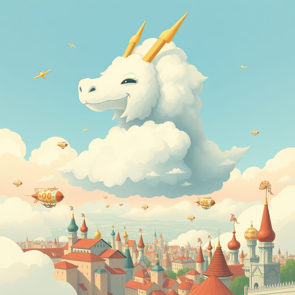 Dragon Cloud Over Pastel Cityscape in Dreamy Painterly Style
