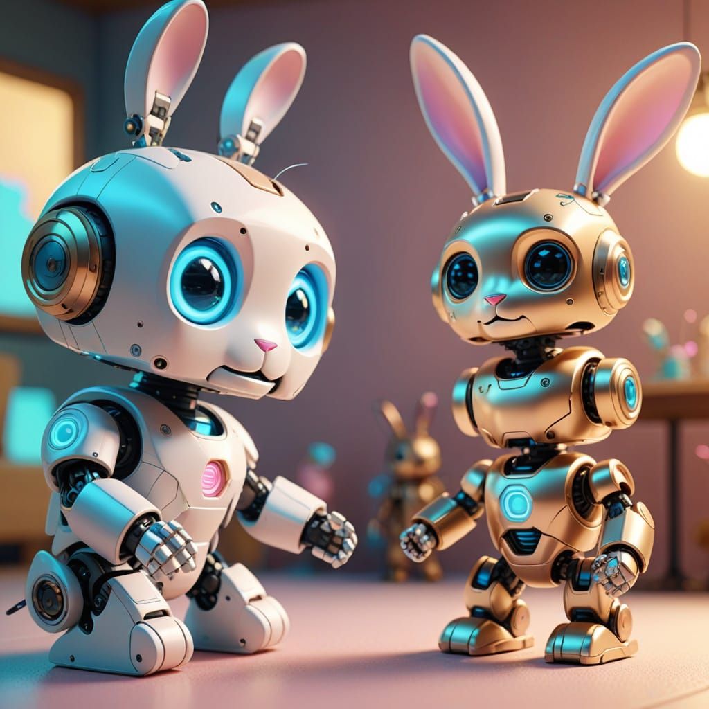 Cute Robot Baby and Rabbit Play in 3D