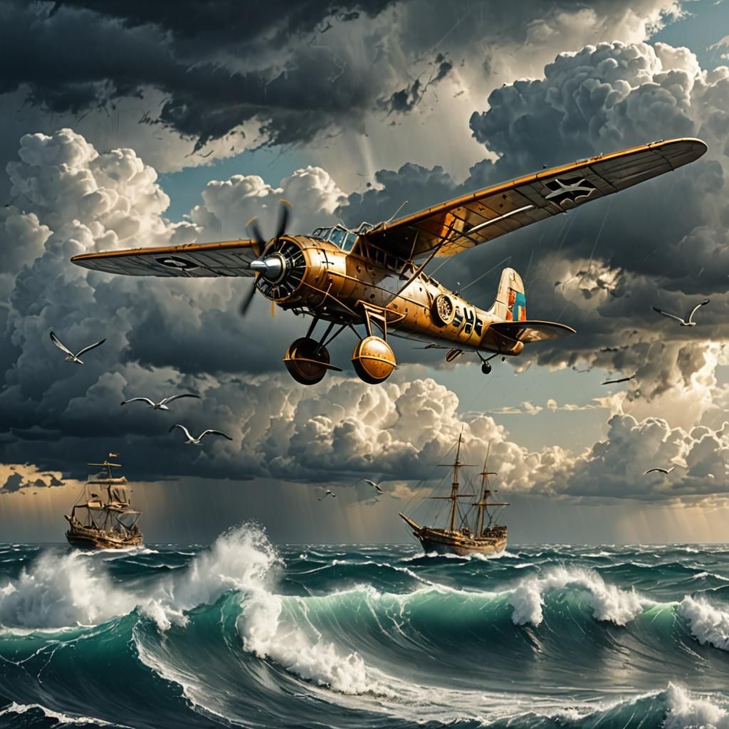 Steampunk Albatross Soaring Over Stormy Seas