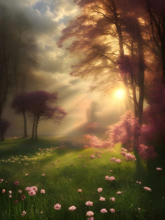 Atmospheric Landscape Painting with Fog and Rays