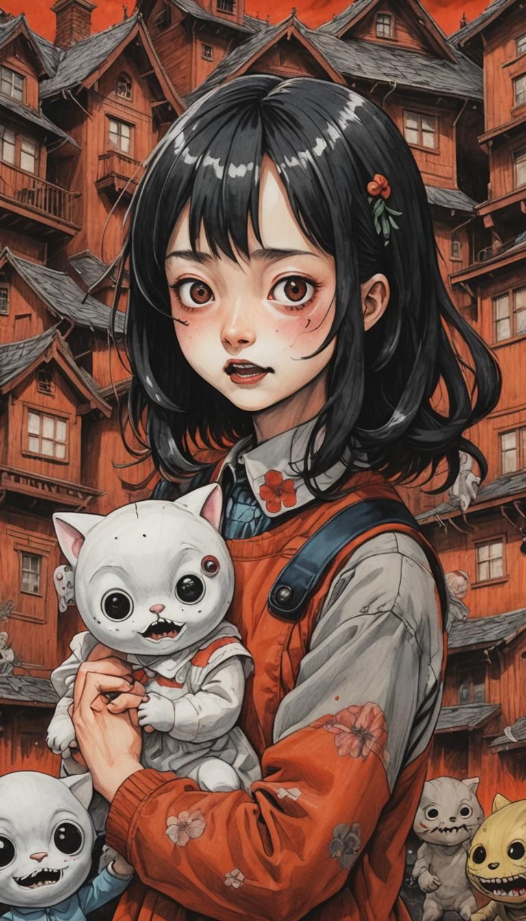 Eerie Charcoal Drawing: Girl, Looming Figure, Toy