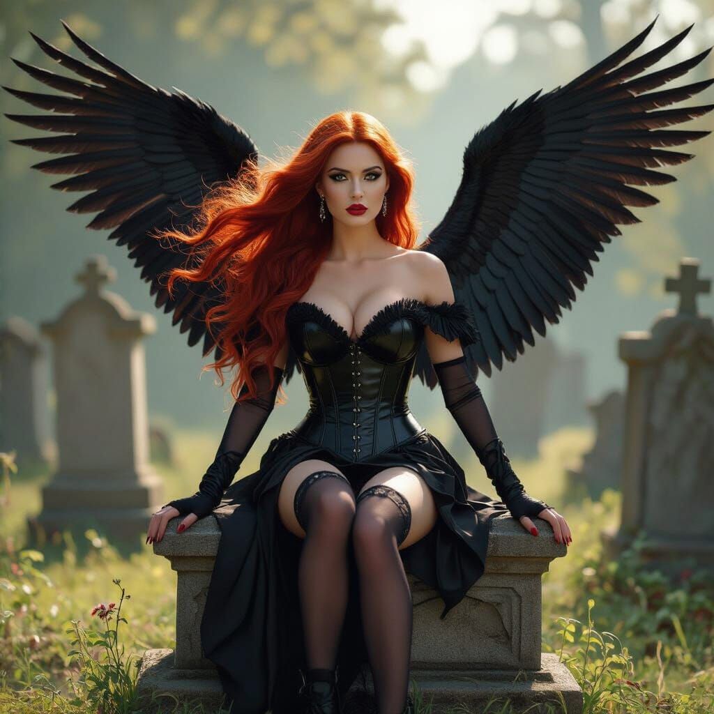 Gothic Goddess with Raven Wings in Graveyard