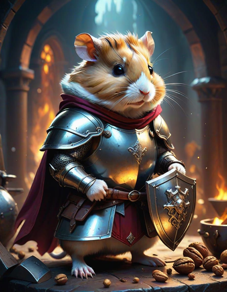 Whimsical Hamster Knight with Walnut Shield in Cozy Forge Sc...
