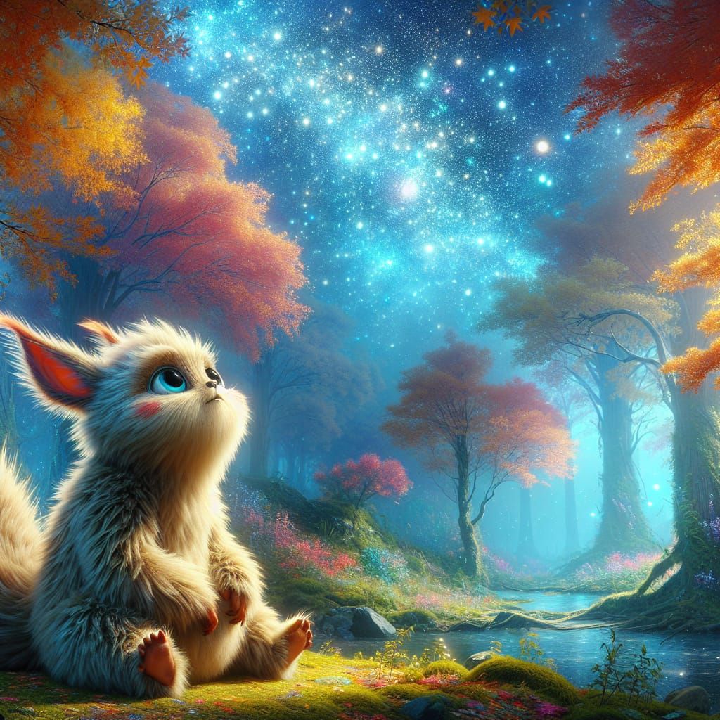 Fuzzy Creature Stargazing in Enchanted Woodland
