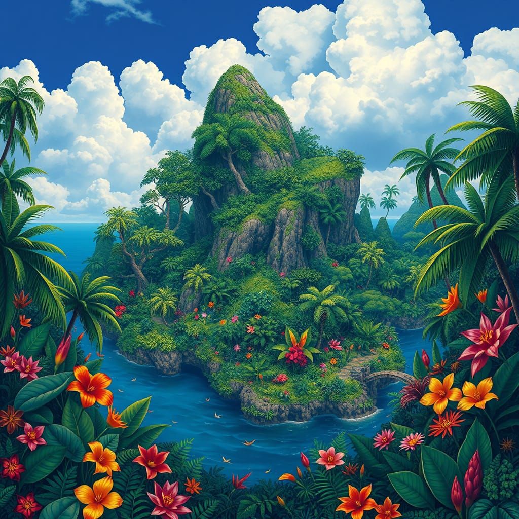 Lush Tropical Island Rainforest in Naive Art Style