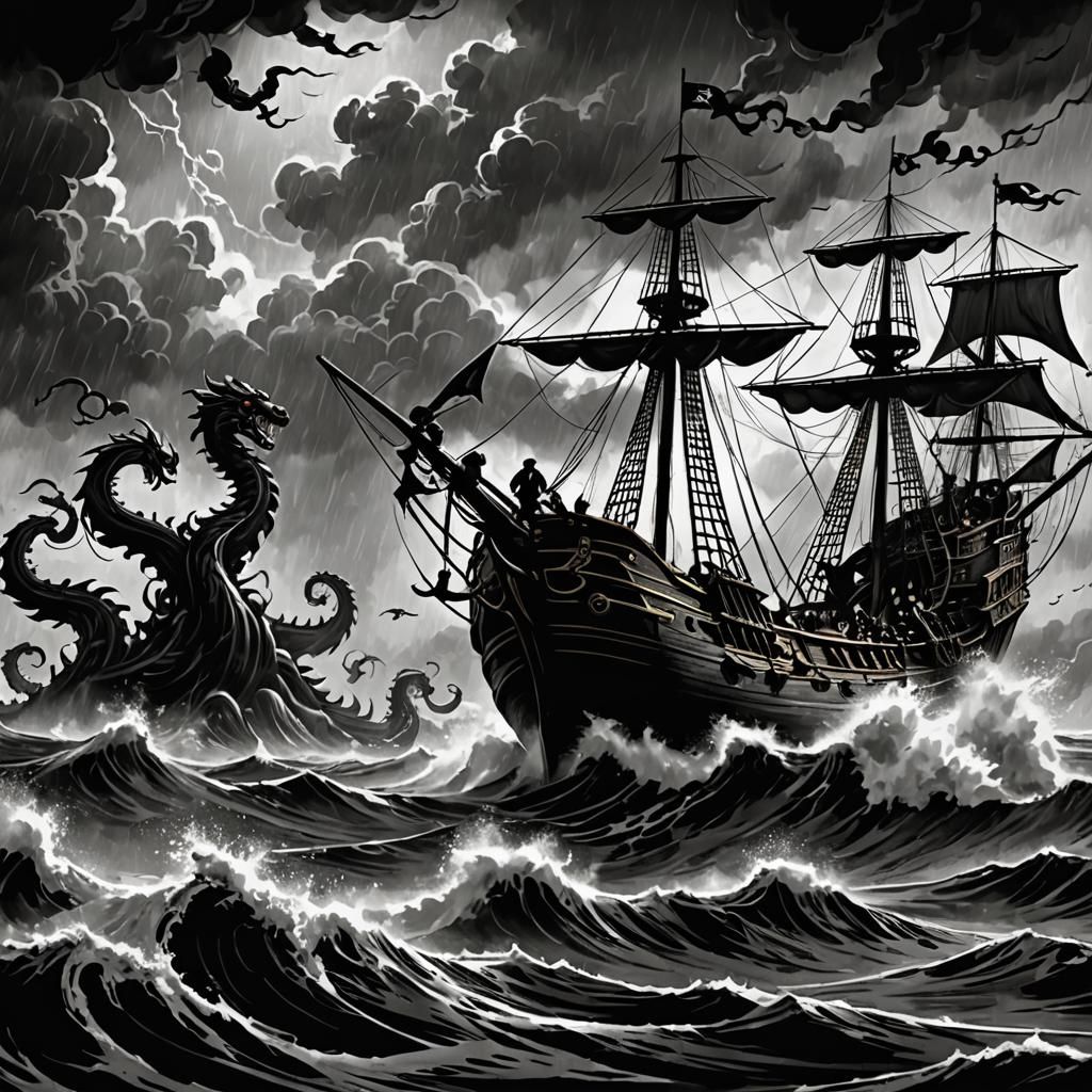 Pirate Ship vs. Hydra: Comic Book Charcoal Art