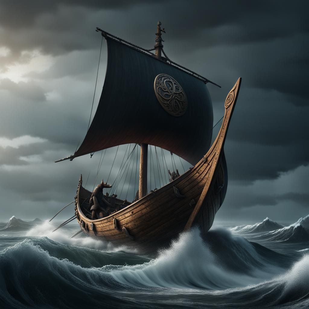 Viking Boat on Stormy Seas: Fantasy Concept Art