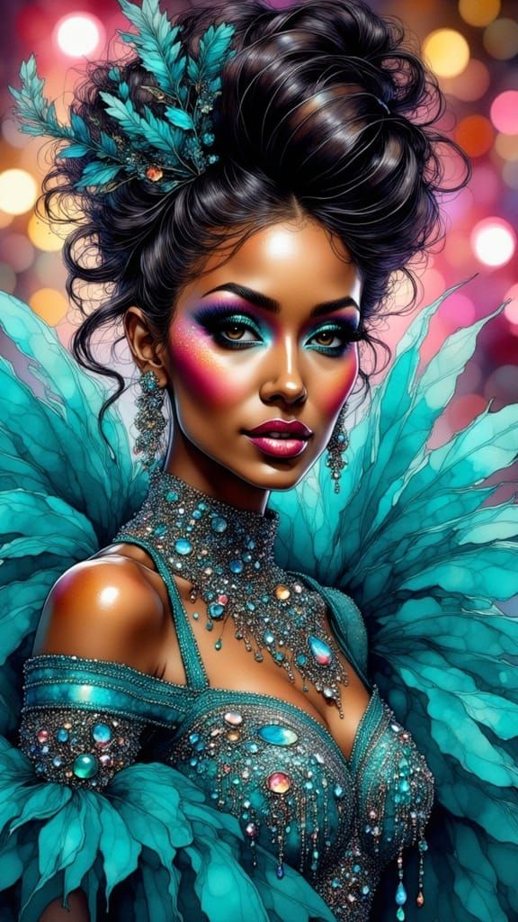 Las Vegas Showgirl in Turquoise Costume