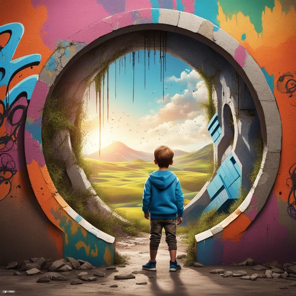 Boy Looks Through Portal to Dreamy Landscape