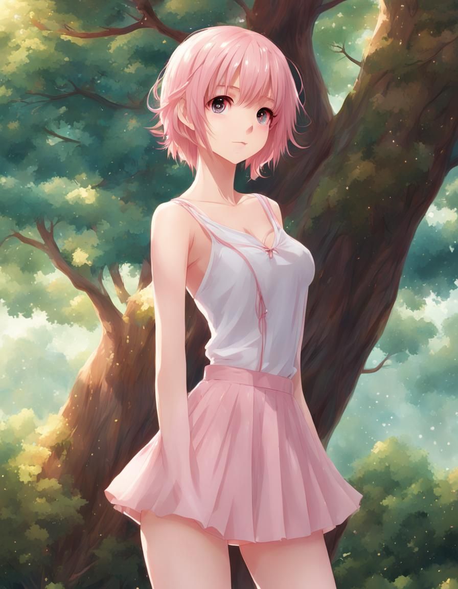 Adorable Anime Girl with Pink Hair in Forest